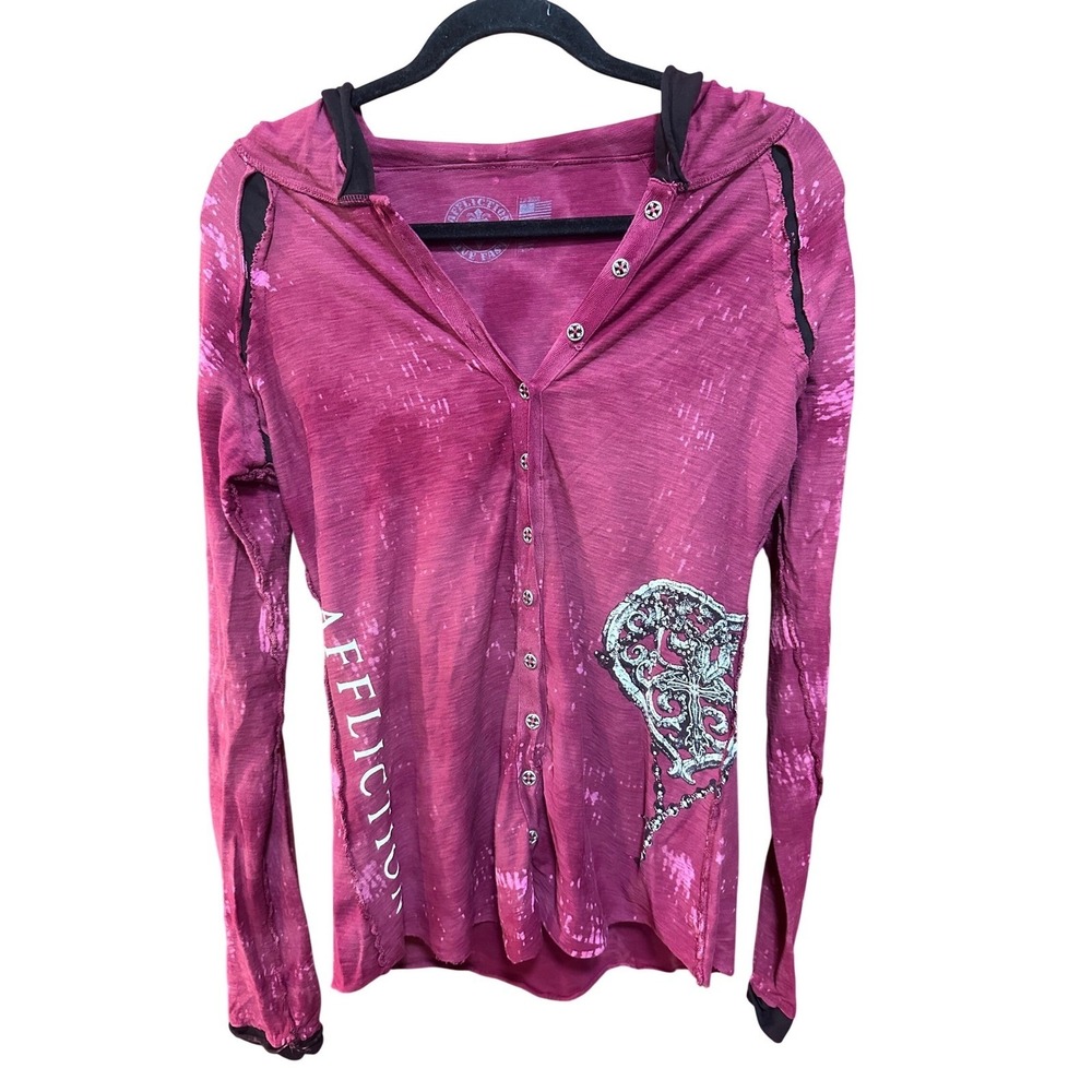 Affliction Live Fast Pink Angel Wings Rhinestone Hooded Cardigan Button Front L